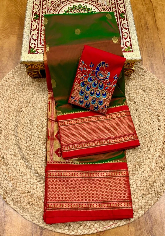 Wine Semi and Red Silk Paithani Saree with Peacock Embroidery Designer Blouse