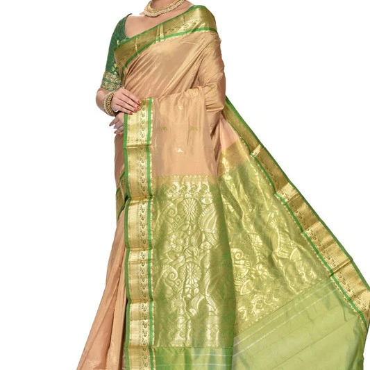 Traditional Arangetram Kanchipuram Pure Silk Saree in Chikku with Green Pink Contrast 