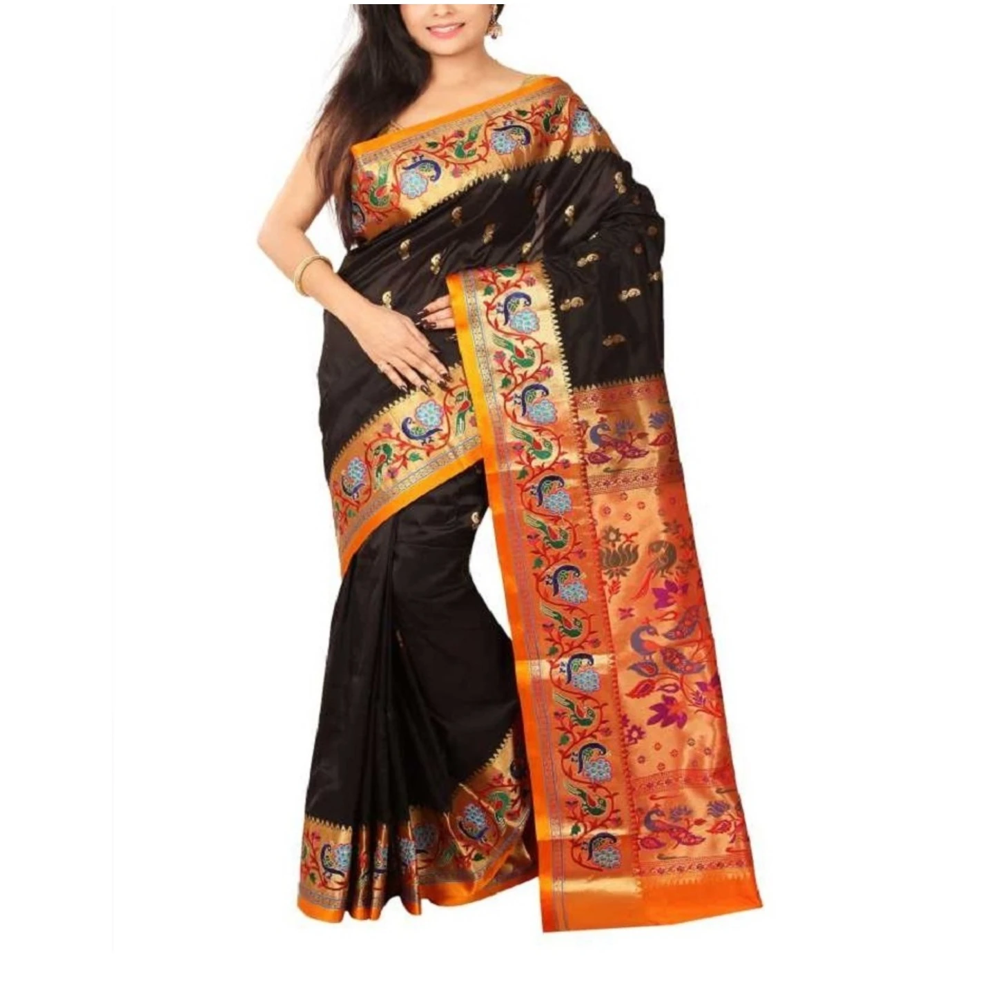Black and Orange Embroidery Border Paithani Art Silk Saree