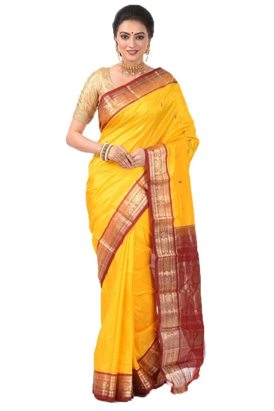 Nine Yards Kanchipuram Pure Silk Saree in Golden Yellow with Marron Contrast