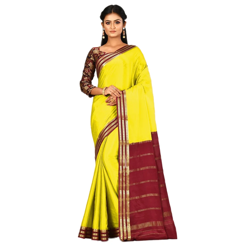 Yellow and Marron Contrast  Three Lines Border Pure Mysore Silk Saree with silk Mark