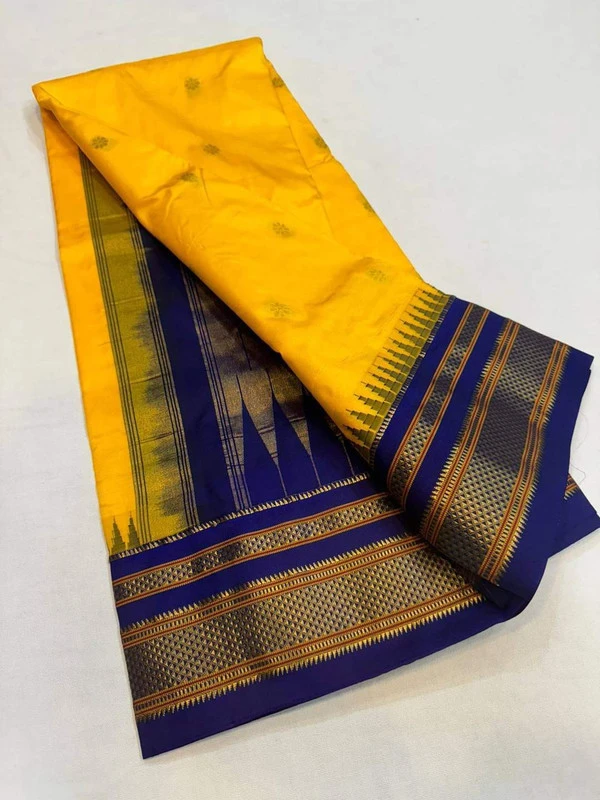 Golden Yellow and Royal Blue Border - Traditional Handwoven Ilkaal Butta Saree