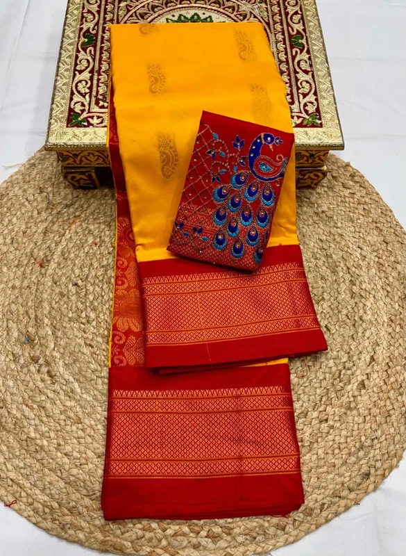 Yellow and Red Semi Silk Saree with Pink Zari Border & Designer Embroidered Blouse
