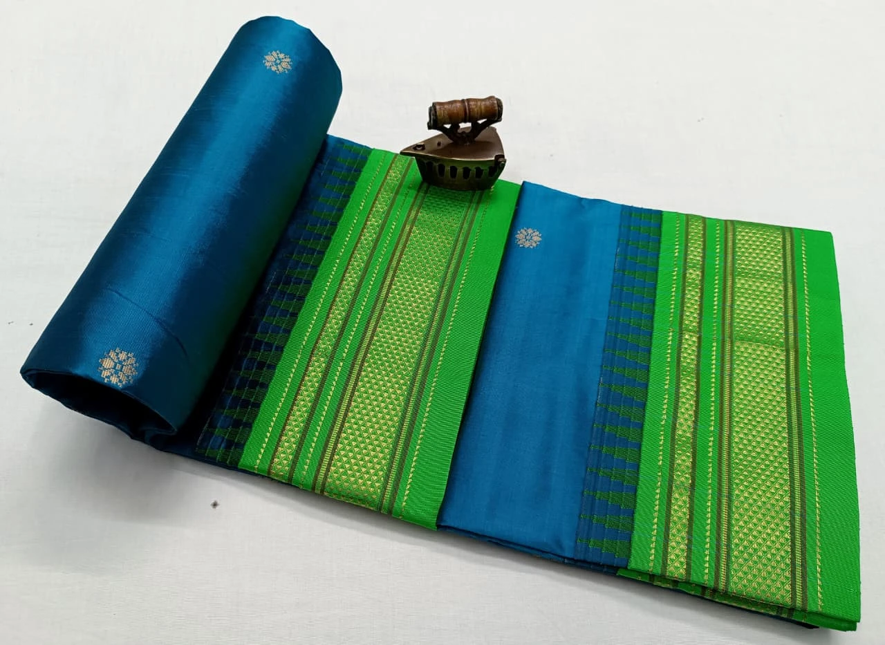 Blue Green Ilkaal Butta pure silk saree with zari border and traditional weaving