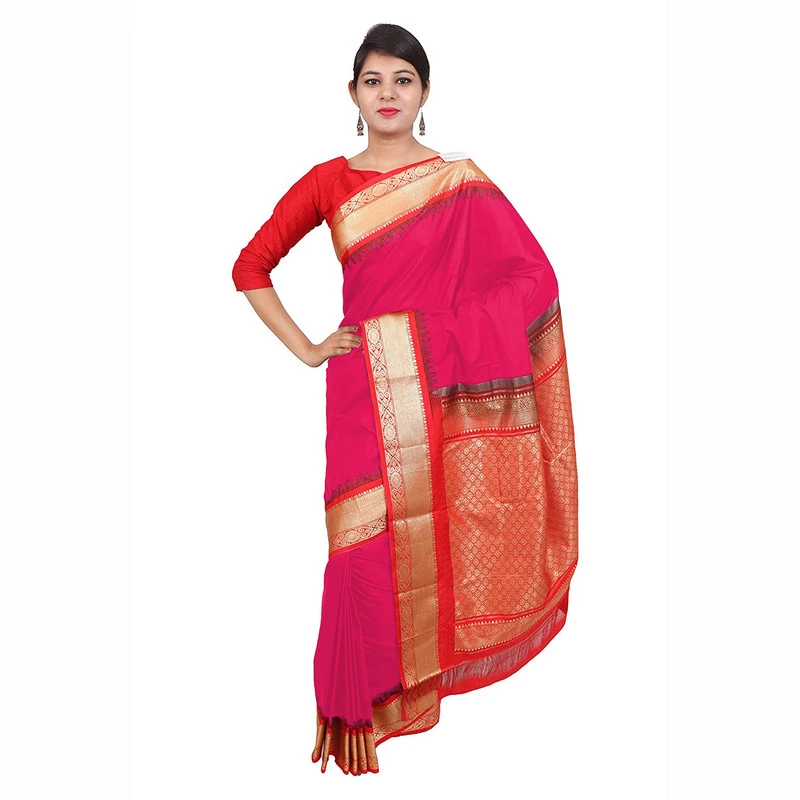 Rani Pink with Red Pallu Handwoven Pure Bangalore Silk Kadiyal Saree with Silk Mark