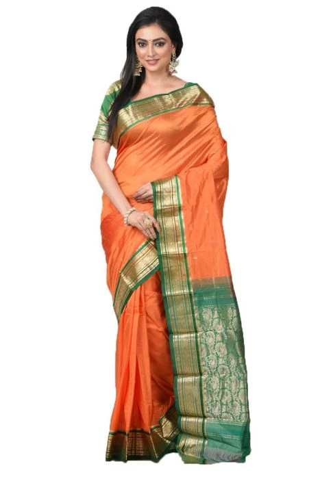 Nine Yards Kanchipuram Pure Silk Saree in Orange with Green Contrast