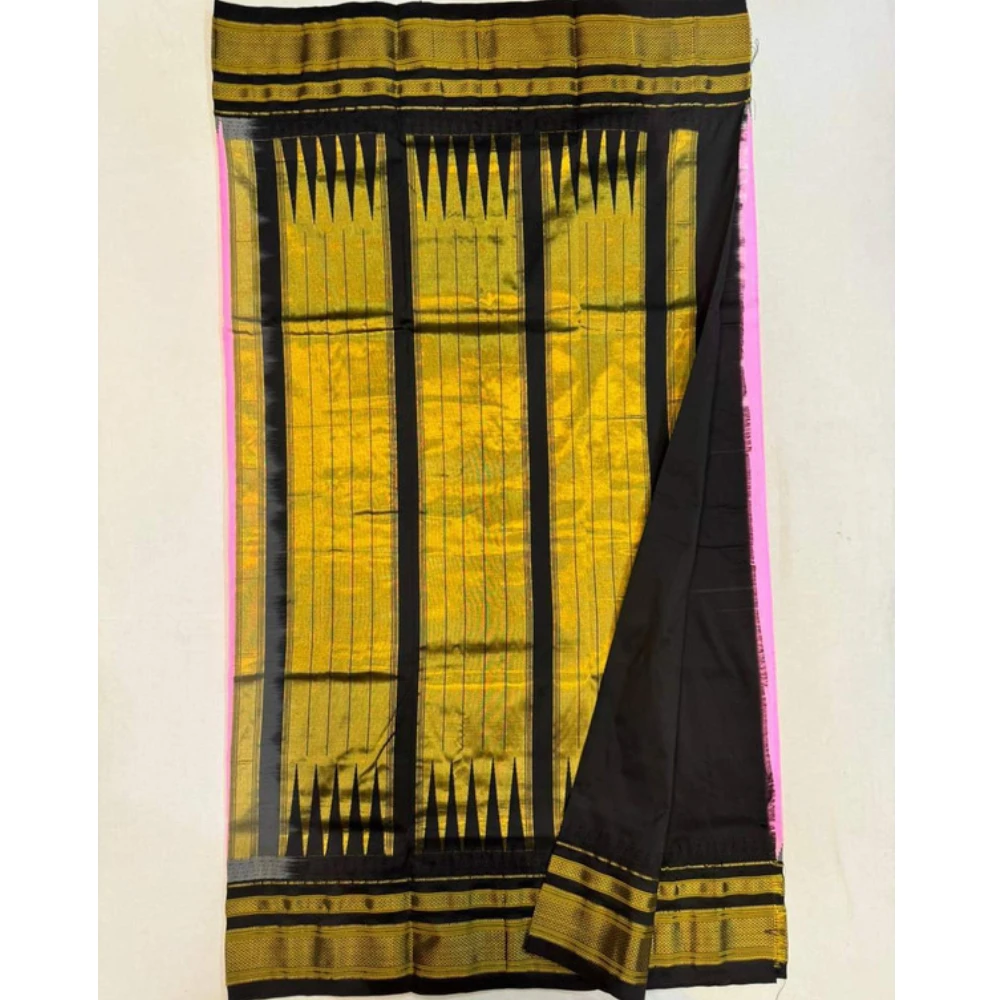 Sky Blue Black Ilkaal Butta pure silk saree with zari border and traditional weaving