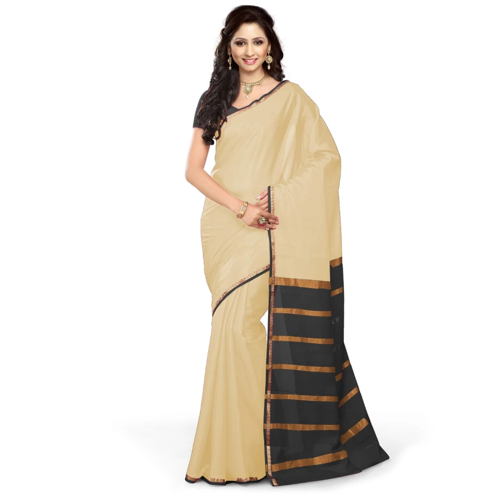 Tussar Cream with Black  Contrast Onam Special Pure Mysore Silk Handwoven saree
