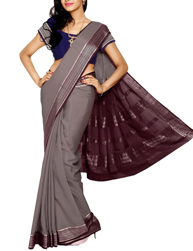 Grey with Brown Contrast MultiLine Border Premium Quality Pure Mysore Silk Saree