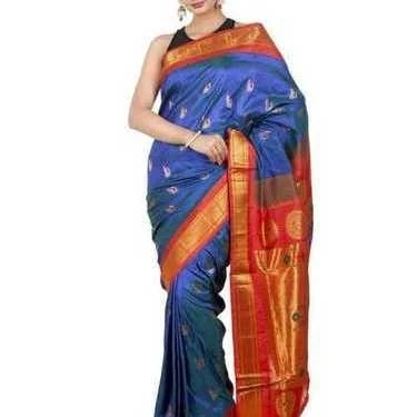 Paithani Pure Silk  in Blue with Red  Contrast Border Meena Butta Saree with Silk Mark