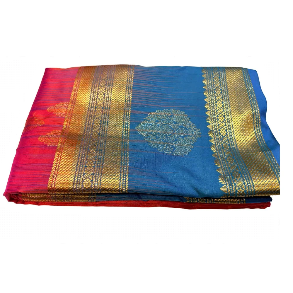 Exclusive Kanchipuram Pure Silk Saree with Pure Silk Blouse - Blue & Pink