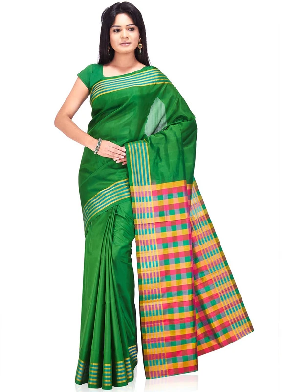 Green Check with Contrast Handwoven Pure Bangalore Silk Kadiyal Saree with Silk Mark