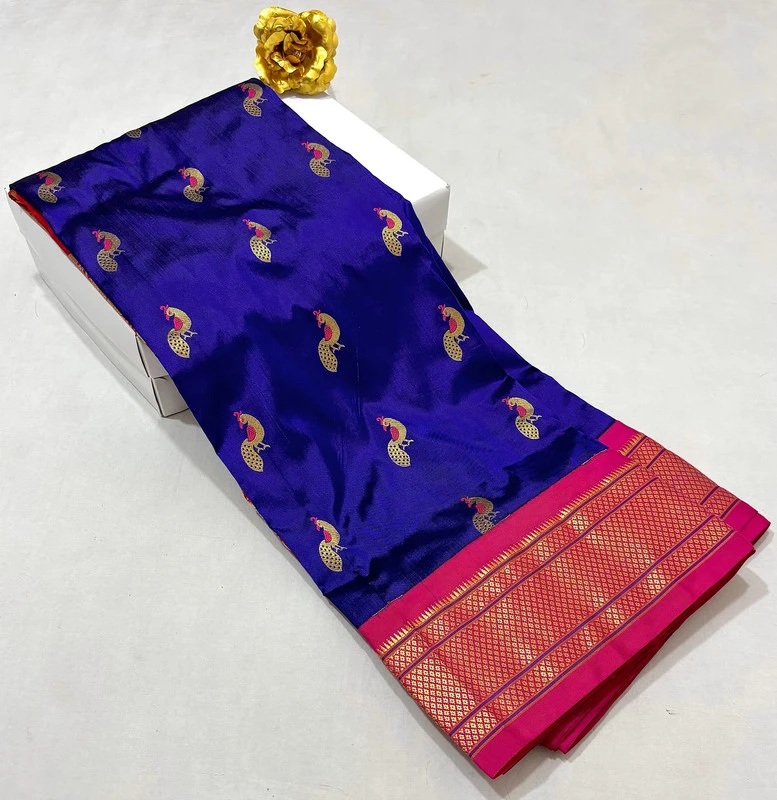 Royal Blue Pure Silk Paithani Saree with Gold-Pink Peacock Buti & Rani Pink Zari Border