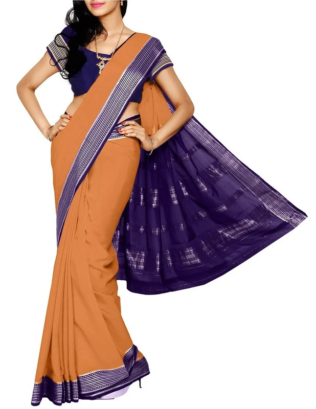 Peach Orange with Voilet Contrast MultiLine Border Premium Quality Pure Mysore Silk Saree