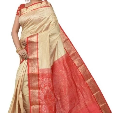 Cream and Red Contrast Traditional Sarees for Arangetram in Kanjeevaram Silk
