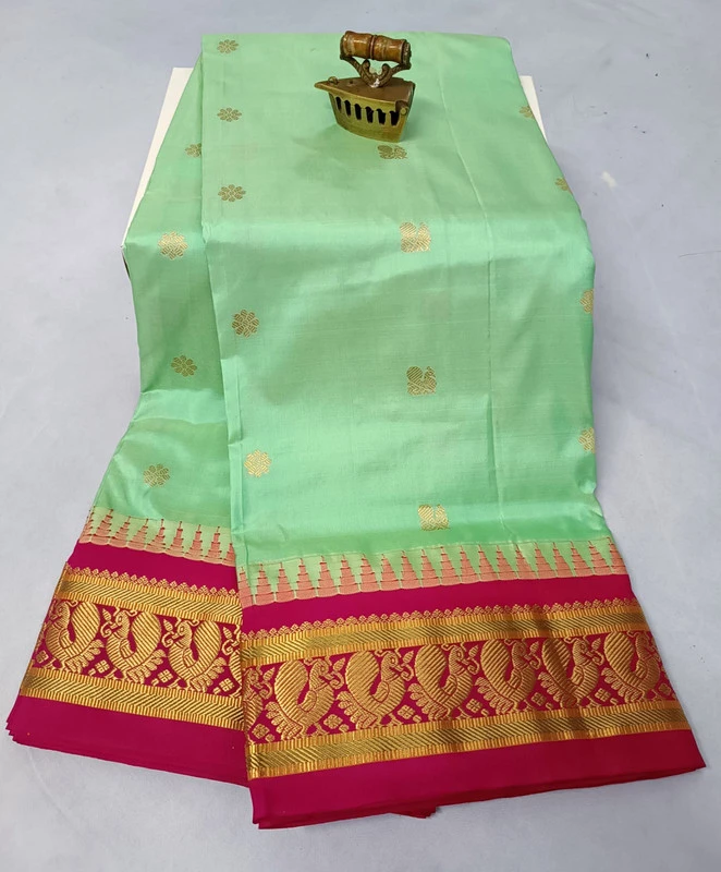 Lite Green with Rani Contrast Gadwal traditional silk saree with zari border for festive and wedding occasions
