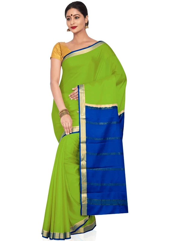 Parrot Green and Royal BLue Handwoven Pure Mysore Silk saree