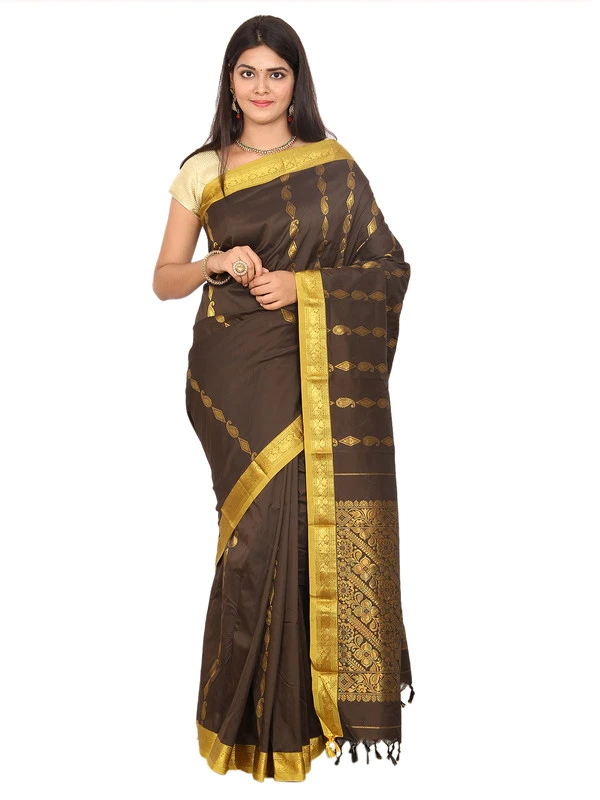Chocolate Brown with Contrast Handwoven Pure Bangalore Silk Kadiyal Saree with Silk Mark