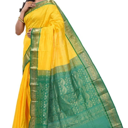 Golden Yellow and Green Contrast Traditional Sarees for Arangetram in Kanjeevaram Silk