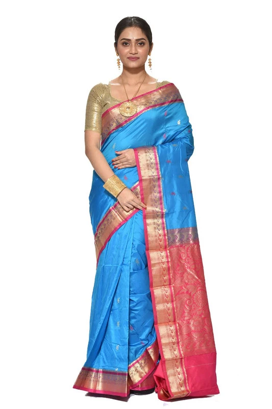Nine Yards Kanchipuram Pure Silk Saree in Anandha Blue with Rani Pink Contrast