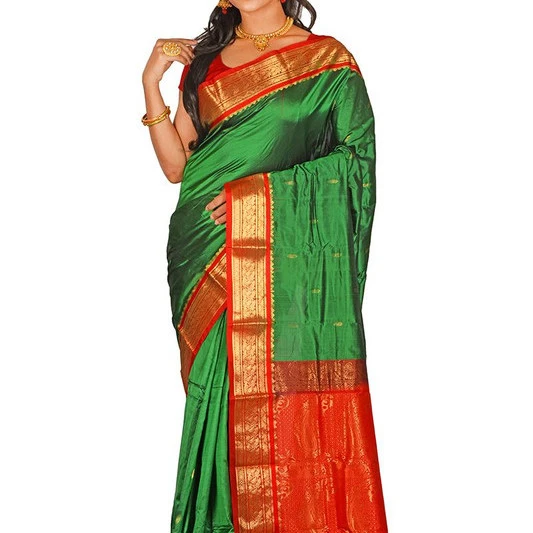 Golden Yellow and Green Contrast Traditional Kanchipuram Pure Silk Saree