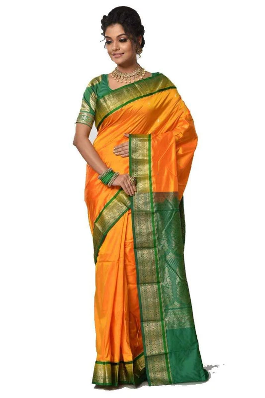 Nine Yards Kanchipuram Pure Silk Saree in Orange with Green Contrast