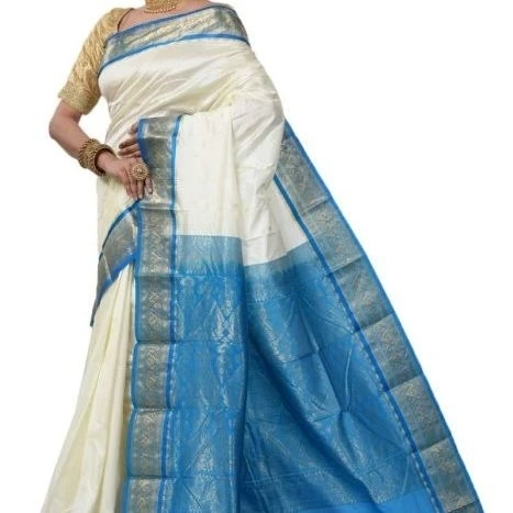 Milk White and Ananda Blue Contrast Traditional Kanchipuram Pure Silk Saree