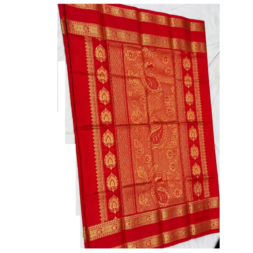 Cream & Red Kanchipuram Pure Silk Saree with Blouse