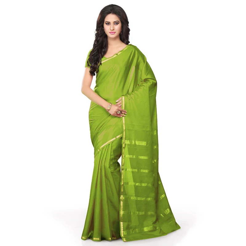 Woven Olive Green Self Colour Pure Mysore Silk Mango Border Saree with Silk Mark