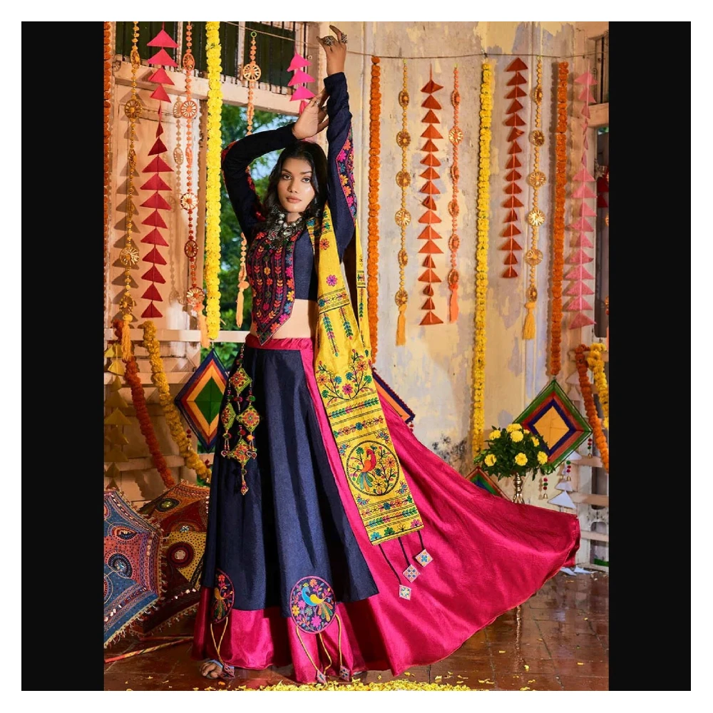 Women's Pink and Navy blue Silk Embroidered Navratri Special Lehenga - Myracouture Navratri Special-SEMI-STITCHED