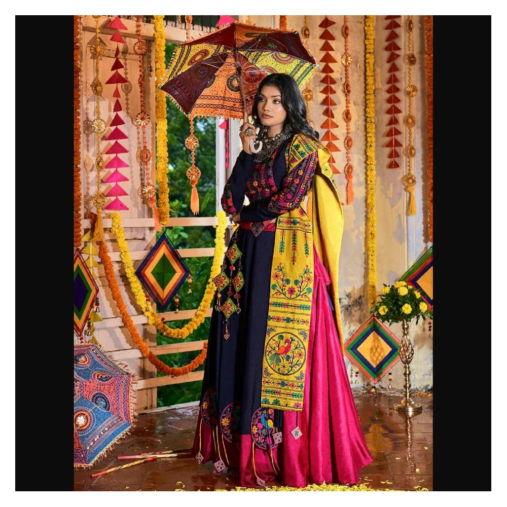 Women's Pink and Navy blue Silk Embroidered Navratri Special Lehenga - Myracouture Navratri Special-SEMI-STITCHED