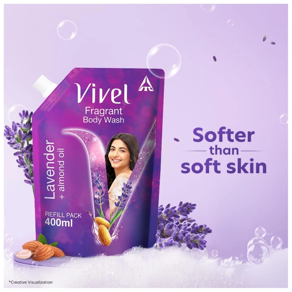 Vivel Fragrant Body Wash, Lavender & Almond Oil Shower Gel, 400 ml Supersaver Refill Pouch, Moisturizing Bodywash, Soft & Smooth Skin, Effective Cleansing, For Women & Men (400 ml)