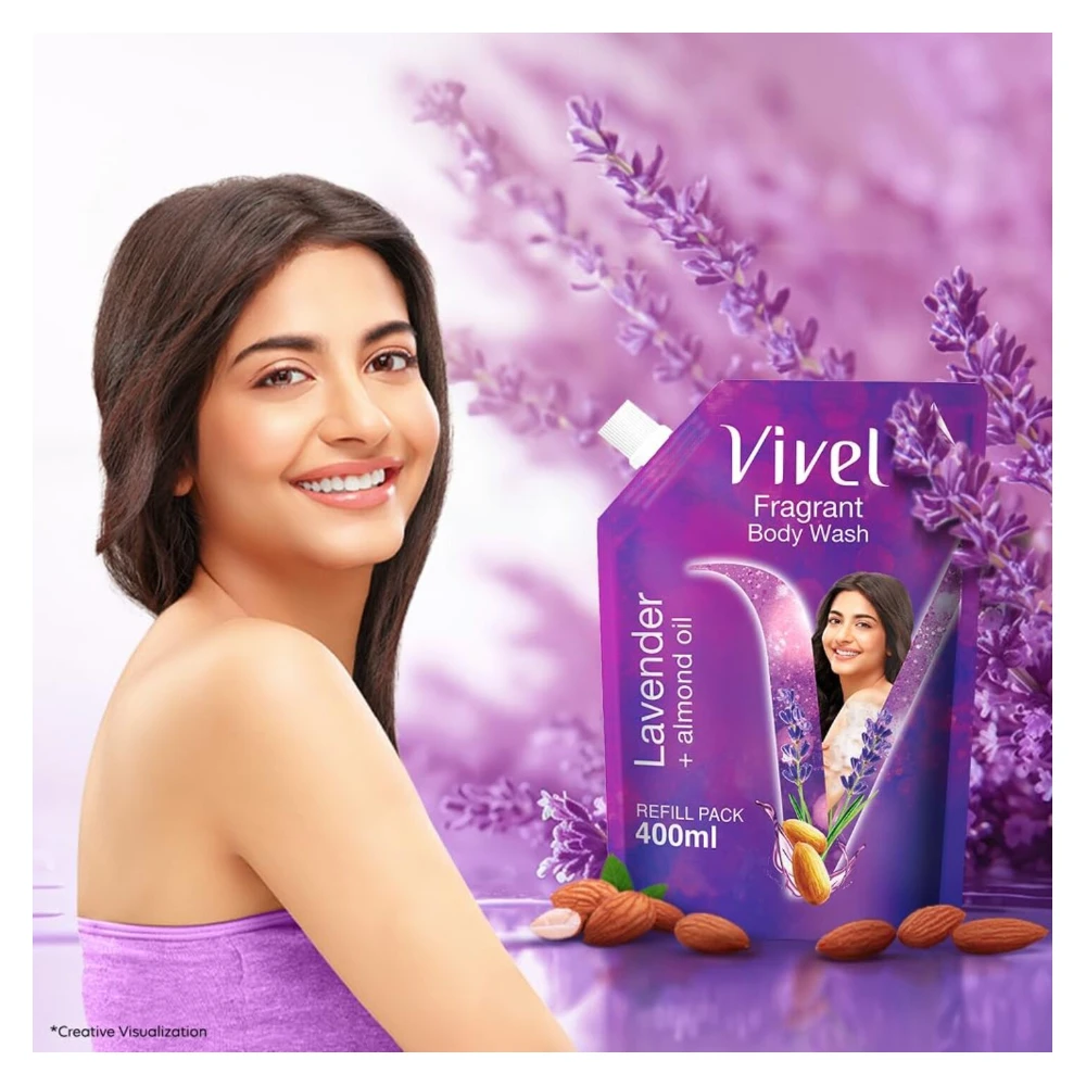 Vivel Fragrant Body Wash, Lavender & Almond Oil Shower Gel, 400 ml Supersaver Refill Pouch, Moisturizing Bodywash, Soft & Smooth Skin, Effective Cleansing, For Women & Men (400 ml)