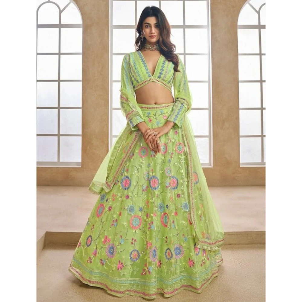 Green and pink Readymade embroidered lehenga choli