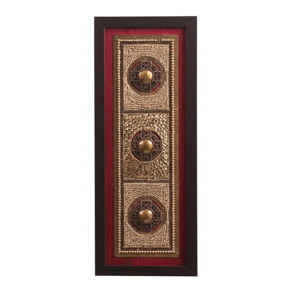 Red & Brown Beads Raw Silk Framed Wall Art (Length: 6.5 Width: 0.5 Height: 15.5 Inches)