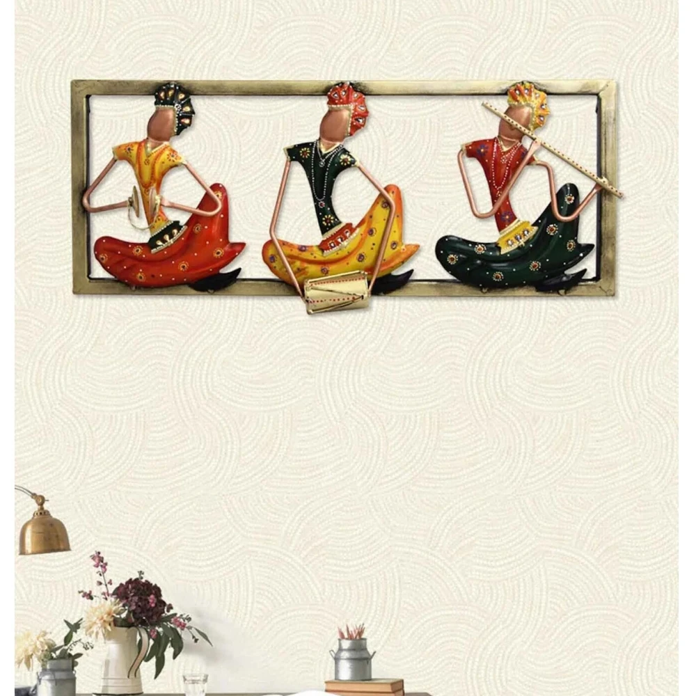 Rajasthani Musicians Multicolour Iron Wall Art (Length : 52.07  Width : 6.35  Height : 21.59)