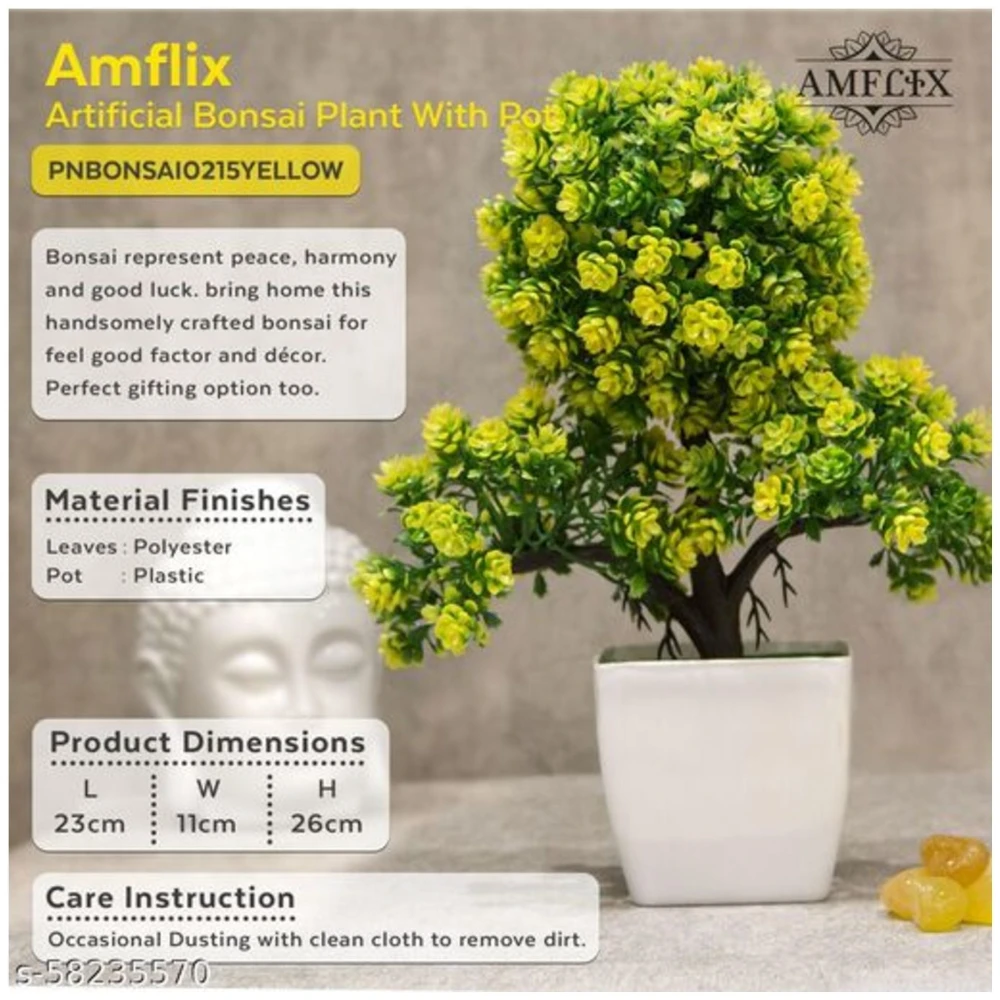 Amflix Artificial Bonsai Plant With Pot Yellow