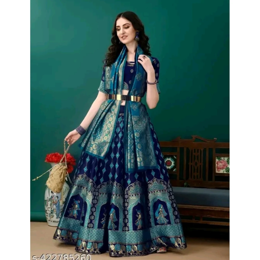 Sensational Women's Banarsi Silk Jacquard Semi-Stitched Lehenga