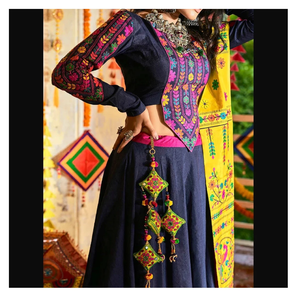 Women's Pink and Navy blue Silk Embroidered Navratri Special Lehenga - Myracouture Navratri Special-SEMI-STITCHED