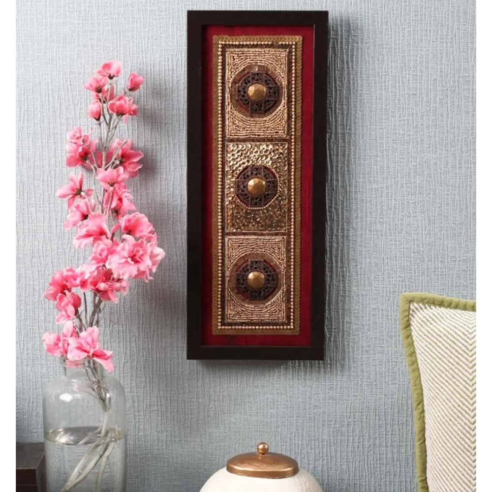 Red & Brown Beads Raw Silk Framed Wall Art