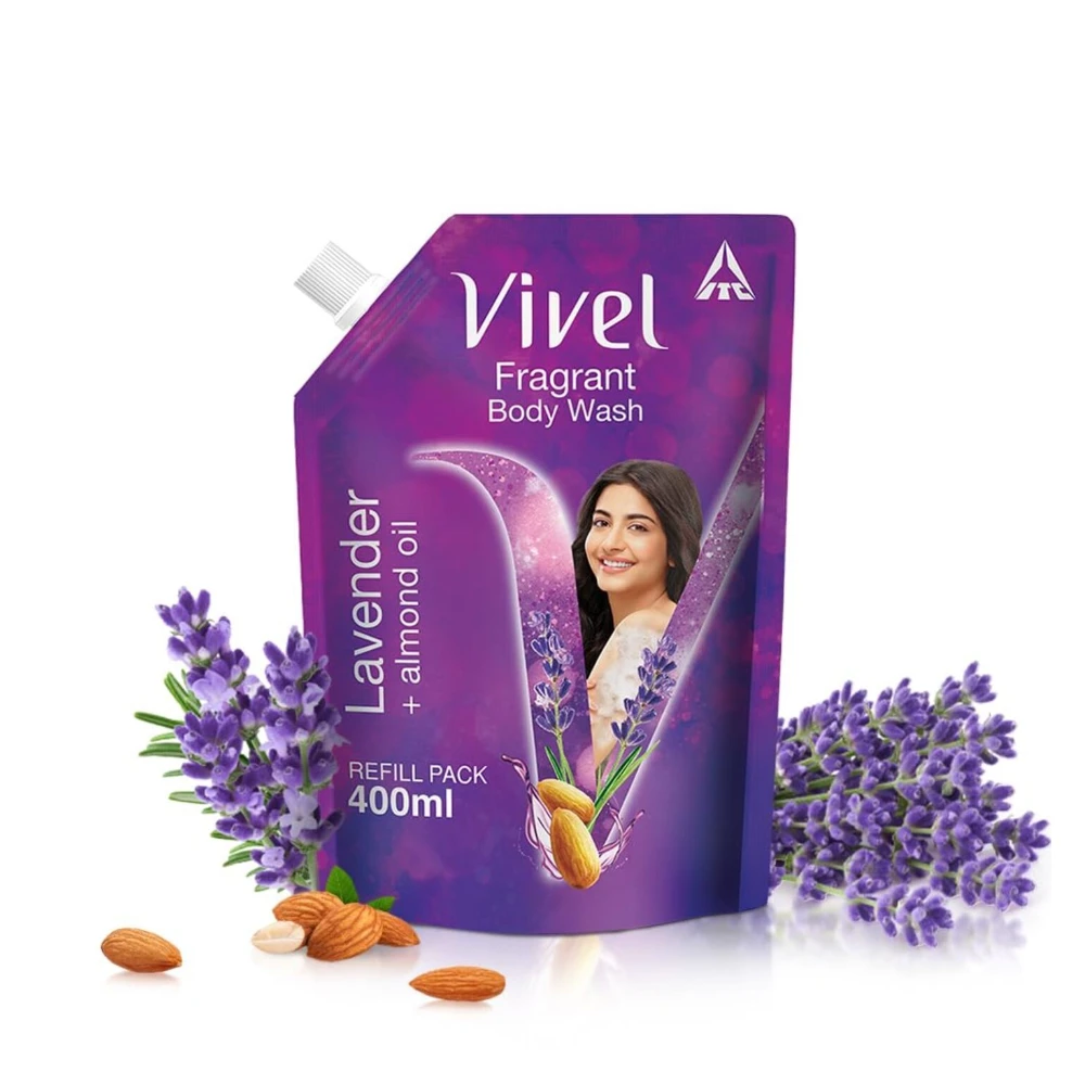 Vivel Fragrant Body Wash, Lavender & Almond Oil Shower Gel, 400 ml Supersaver Refill Pouch, Moisturizing Bodywash, Soft & Smooth Skin, Effective Cleansing, For Women & Men
