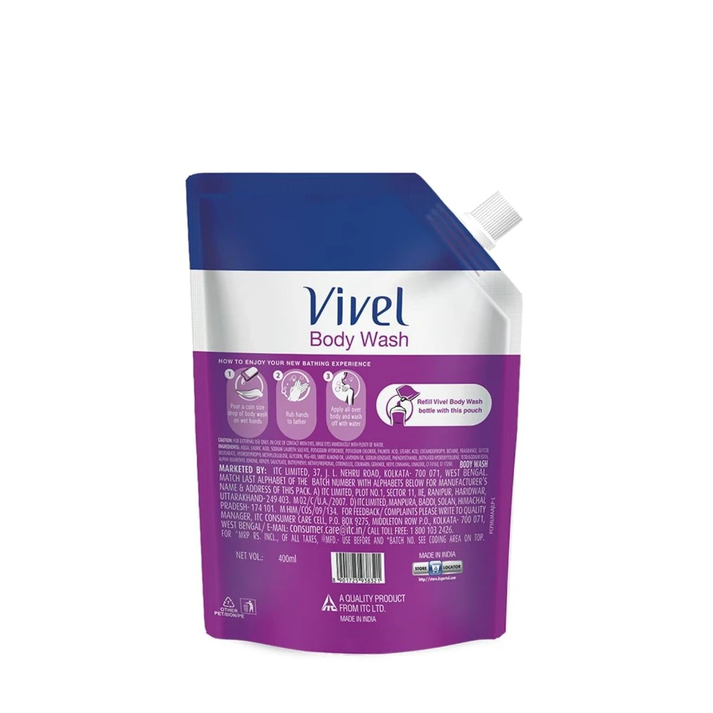Vivel Fragrant Body Wash, Lavender & Almond Oil Shower Gel, 400 ml Supersaver Refill Pouch, Moisturizing Bodywash, Soft & Smooth Skin, Effective Cleansing, For Women & Men (400 ml)