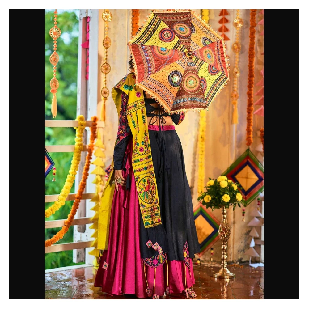 Women's Pink and Navy blue Silk Embroidered Navratri Special Lehenga - Myracouture Navratri Special-SEMI-STITCHED