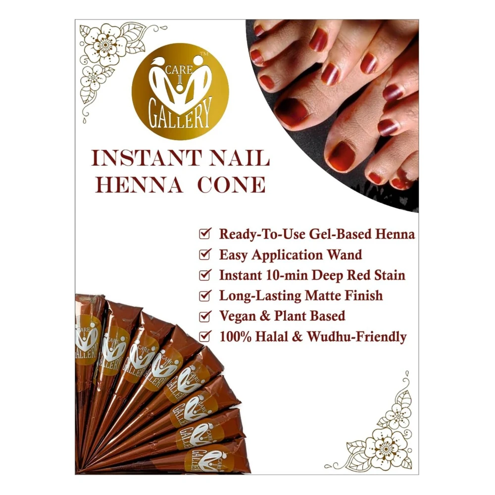 Care One Gallery Instant Henna Paste Mehendi Cone | Vegan & Halal Nail Polish Cone For Women | Without Chemicals | Long Lasting | Ready To Use Dark Brown Color Stain | Pack of 12 Pieces 120 Gms|