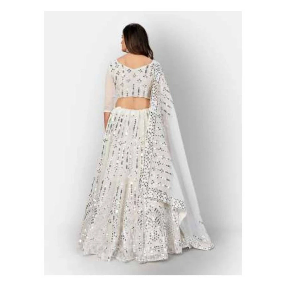 Shop garb georgette silver embellished and mirror foil work white circular lehenga choli