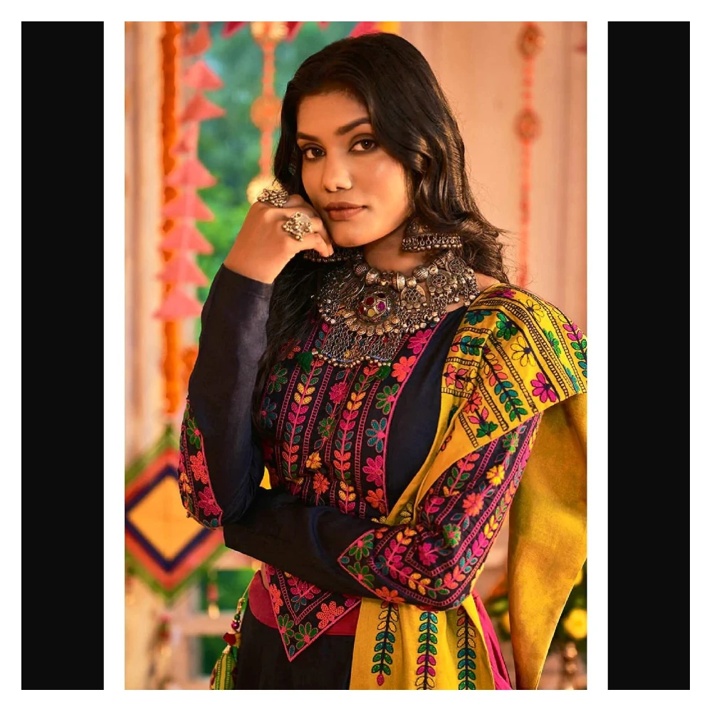 Women's Pink and Navy blue Silk Embroidered Navratri Special Lehenga - Myracouture Navratri Special-SEMI-STITCHED