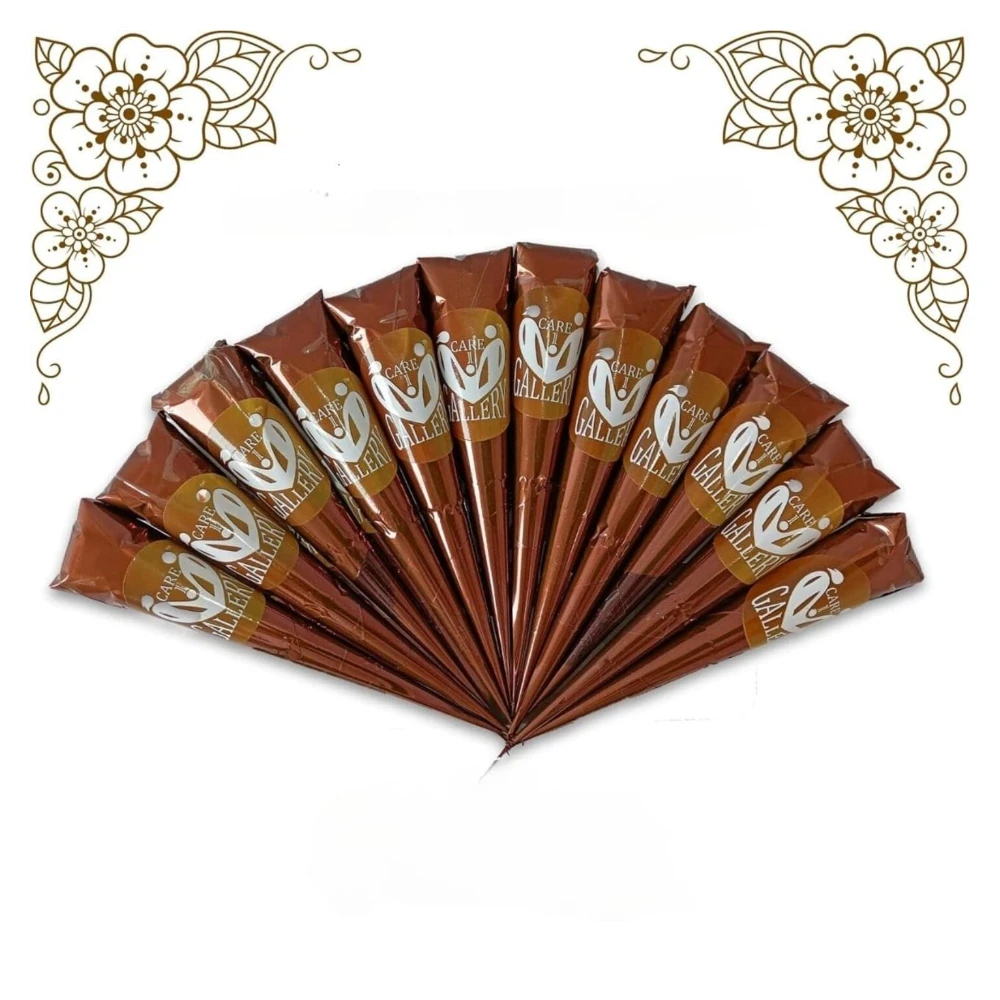 Care One Gallery Instant Henna Paste Mehendi Cone | Vegan & Halal Nail Polish Cone For Women | Without Chemicals | Long Lasting | Ready To Use Dark Brown Color Stain | Pack of 12 Pieces 120 Gms|