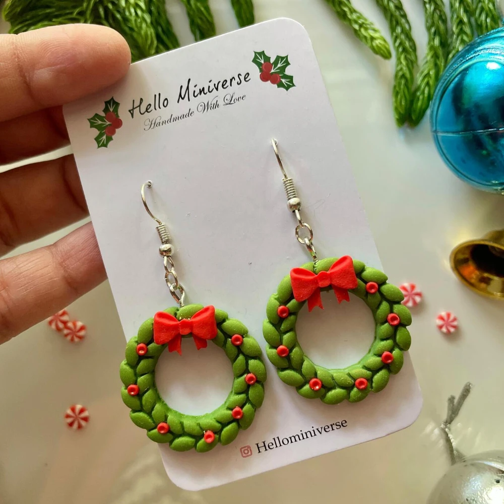 Miniature Wreath & Bow Dangle Earrings