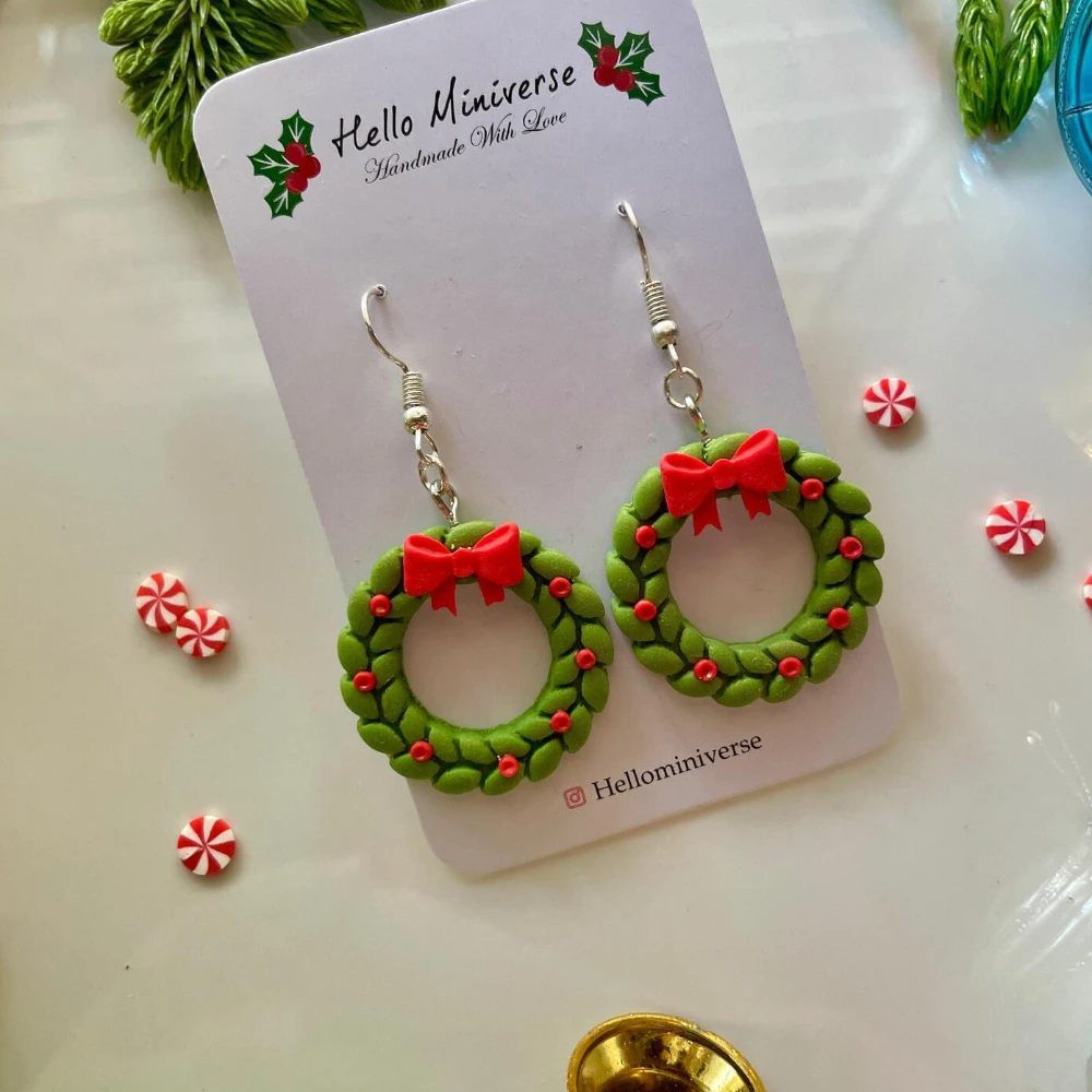 Miniature Wreath & Bow Dangle Earrings