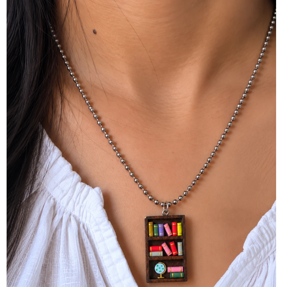 Miniature Bookcase Dangle Clay Necklace